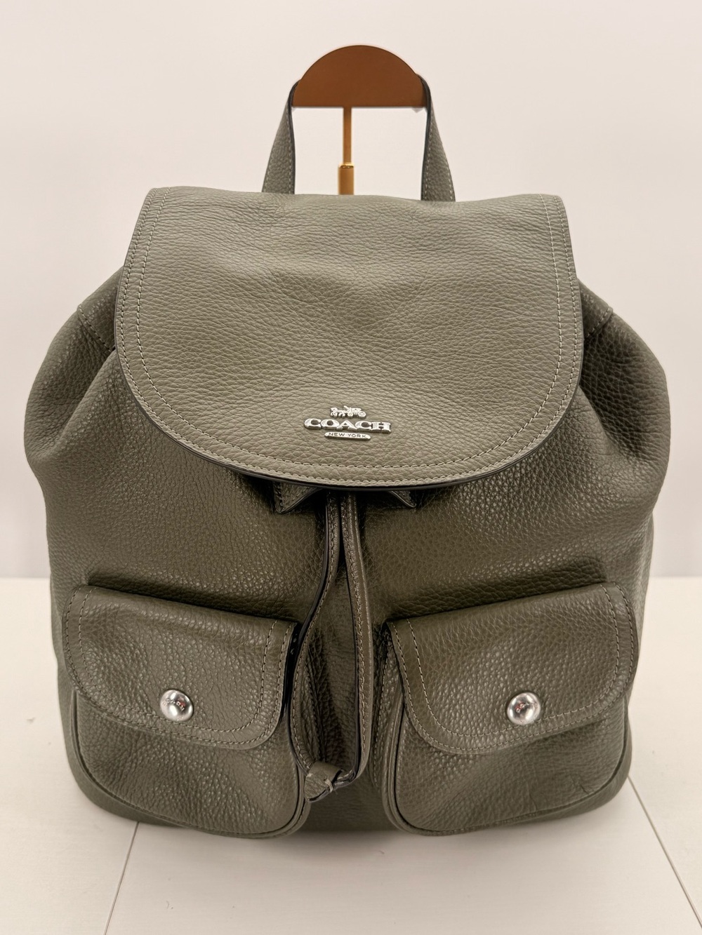 COACH Pebbled Leather Pennie Drawstring Backpack Olive Green